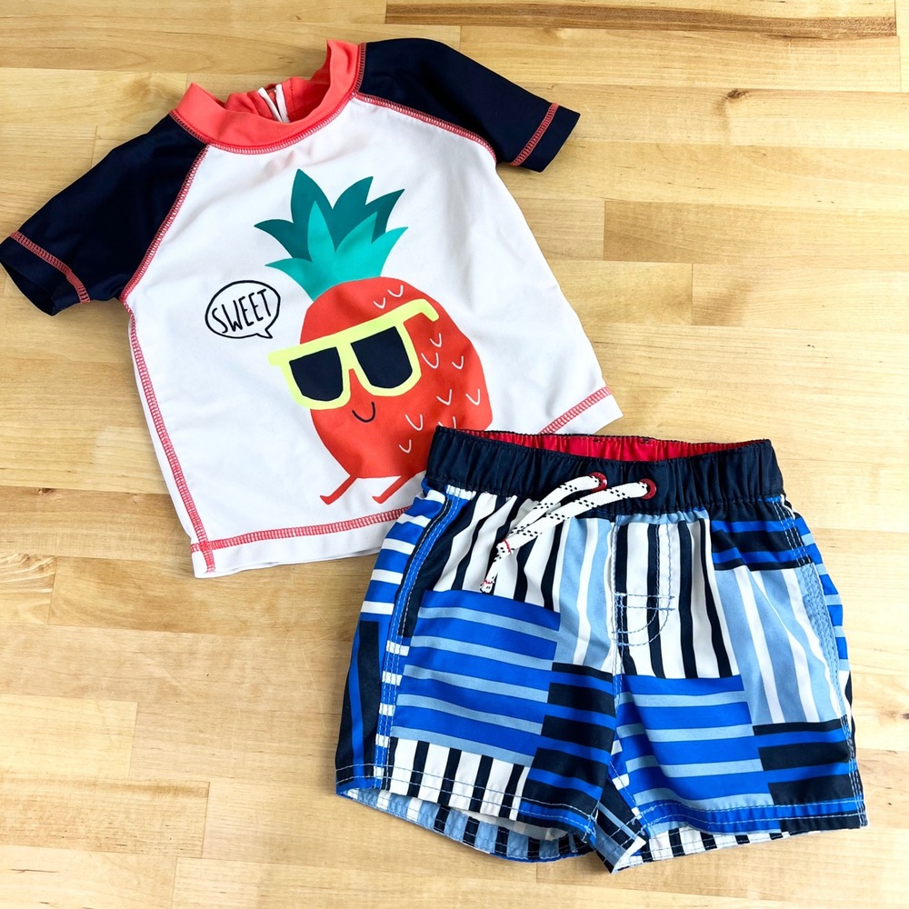 Baby GAP Swim Set Pineapple Rash Guard Shorts Baby Size 6-12 Months Blue White